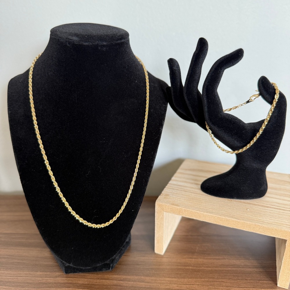 14K Gold Plated Rope Chain Necklace and Bracelet‎ Set Vintage Style
